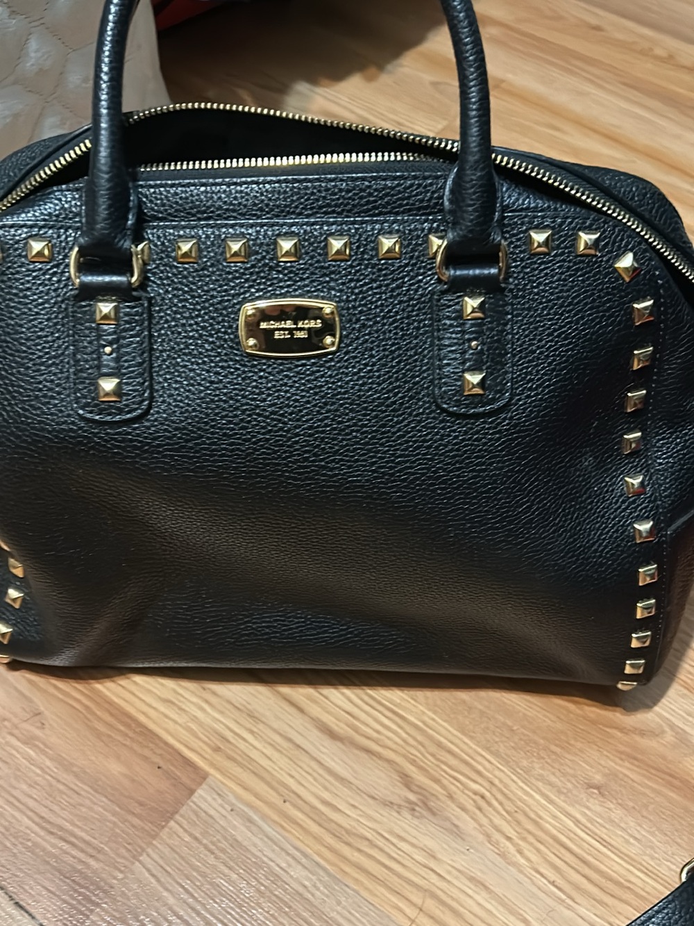Michael Kors Black Pebbled Leather Satchel with Gold Studs